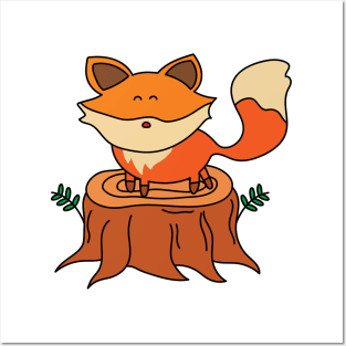 cute fox on a tree stump Posters and Art